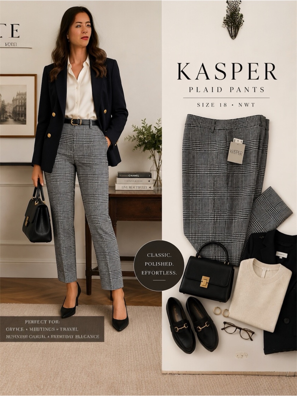 Kasper Plaid Career Pants Size 18 Black White Office Workwear Stretch